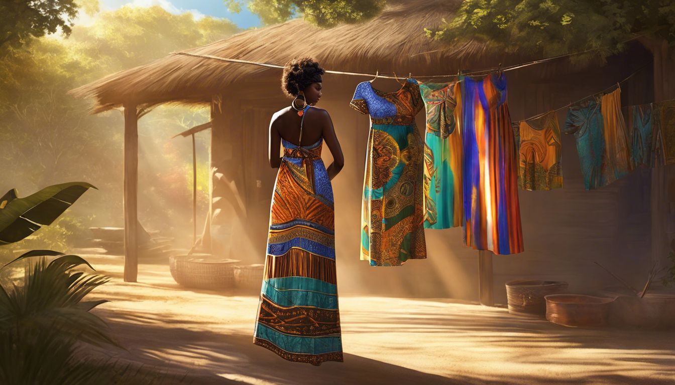 An African-inspired women's maxi dress on a clothesline in a rustic outdoor setting.